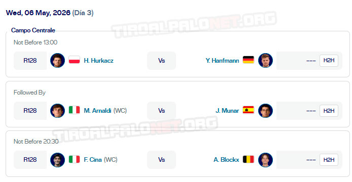 atp roma partidos campo centrale miercoles6 mayo 2026 tiroalpalo