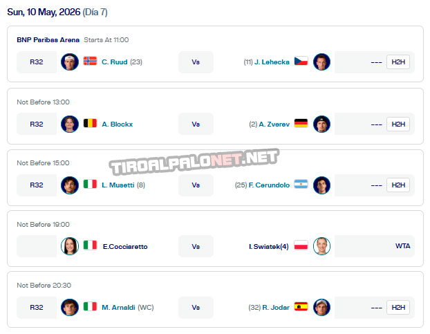atp roma partidos domingo10 mayo 2026 tiroalpalo